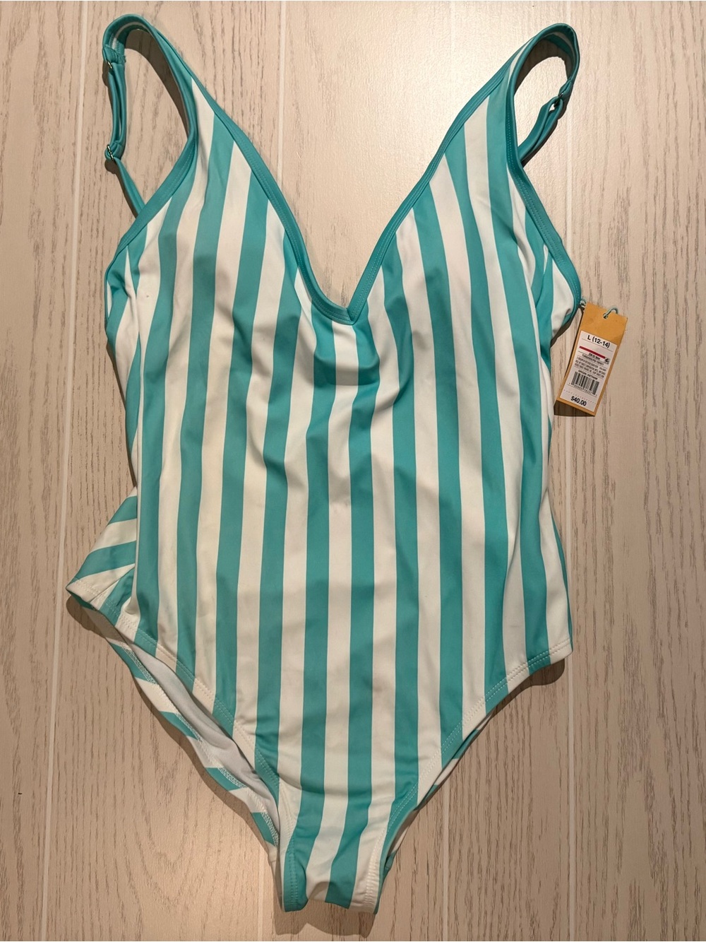 Kona Sol Women’s One Piece Swimsuit Large Teal White Stripe NWT